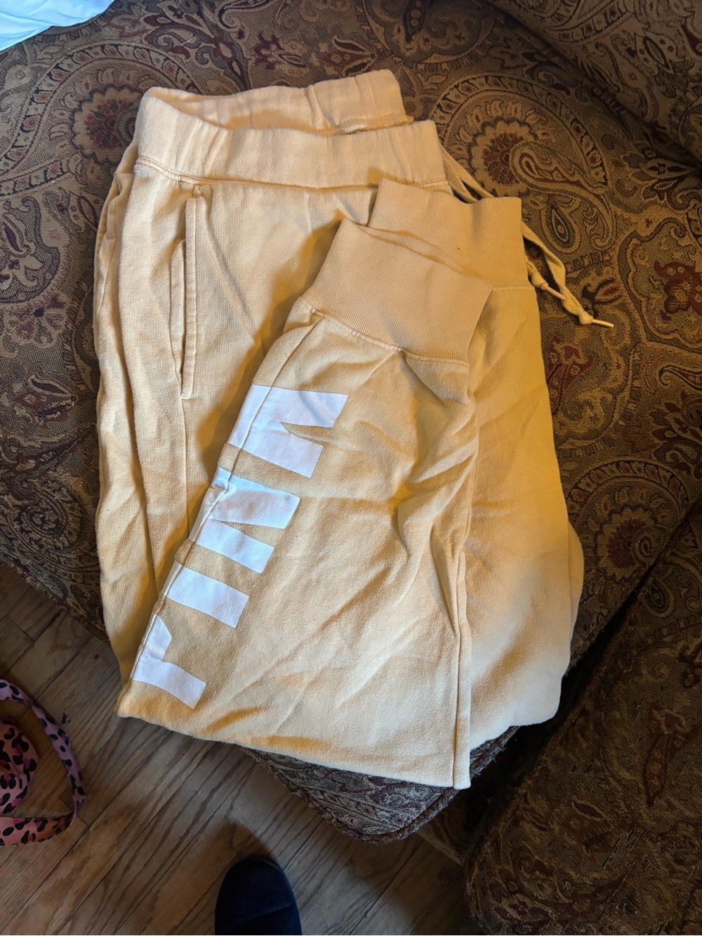 PINK Victoria's Secret Pale Yellow Track Pants with White Logo